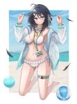  1girl absurdres ahoge arknights ball beach beachball between_breasts bikini black_hair blue_eyes blue_sky border breasts cameltoe cranes_(hiroro1) feather_hair feathers goggles goggles_around_neck hair_ornament hairclip highres id_card jacket kneeling la_pluma_(arknights) la_pluma_(summer_flowers)_(arknights) lanyard long_sleeves looking_at_viewer medium_breasts navel official_alternate_costume open_clothes open_jacket outside_border sand short_hair sky solo stomach swimsuit thigh_strap water whistle white_bikini white_border white_jacket 