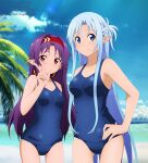  2girls ahoge asuna_(sao-alo) blue_hair breasts elf hairband highres long_hair looking_at_viewer medium_breasts multiple_girls pointy_ears purple_hair red_eyes school_swimsuit shugo19 smile swimsuit sword_art_online very_long_hair yuuki_(sao) 