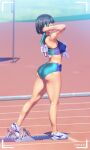  1girl a.x. ass bare_shoulders baton bikini black_hair buruma closed_eyes dated from_side full_body highres kneepits midriff original shoes short_hair sneakers solo sports_bikini standing sweat swimsuit tankini taut_clothes thighs track_and_field track_uniform 
