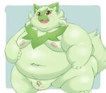  2022 anthro balls belly big_belly blush genitals green_body hamatnk hi_res kemono male micropenis moobs navel nintendo nipples obese obese_male overweight overweight_male penis pok&eacute;mon pok&eacute;mon_(species) simple_background small_penis solo sprigatito video_games 