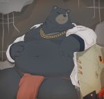  2022 anthro asian_clothing belly ben_(zenless_zone_zero) big_belly black_body black_nose bulge chiko_mew clothed clothing east_asian_clothing fundoshi hi_res humanoid_hands japanese_clothing kemono male mammal mihoyo navel open_clothing open_shirt open_topwear overweight overweight_male red_clothing red_fundoshi red_underwear scar shirt sitting solo topwear underwear ursid video_games zenless_zone_zero 