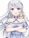  1girl :d animal animal_on_shoulder bangs bare_shoulders blue_choker blue_dress blue_eyes blue_hair braid breasts cat choker collarbone commentary_request criss-cross_halter crossed_arms dress frilled_dress frills grey_background grey_hair halterneck long_hair looking_at_viewer mashiro_aa multicolored_hair off-shoulder_dress off_shoulder original puffy_short_sleeves puffy_sleeves short_sleeves simple_background small_breasts smile solo streaked_hair striped striped_dress teeth upper_teeth v-shaped_eyebrows vertical-striped_dress vertical_stripes very_long_hair 