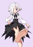  1girl bare_legs barefoot black_dress black_ribbon breasts commentary corset dress feet foot_focus foot_out_of_frame from_below greek_toe hair_over_one_eye hand_on_hip highres jashin-chan_dropkick long_sleeves looking_at_viewer looking_down medium_breasts meme_attire neck_ribbon oyatsu_(mk2) persephone_ii pointy_ears puffy_long_sleeves puffy_sleeves purple_background red_eyes ribbon shirt short_hair simple_background smile soles solo standing stepping toes virgin_killer_outfit white_hair white_shirt 
