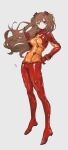  1girl absurdres bangs blue_eyes blush bodysuit bracer breasts brown_hair cellphone cleavage closed_mouth clothes_writing covered_navel cropped_jacket evangelion:_2.0_you_can_(not)_advance flip_phone floating floating_hair frown full_body grey_background groin hairpods hand_on_hip hand_up highres holding holding_phone interface_headset jacket long_hair looking_at_viewer medium_breasts multicolored_clothes neon_genesis_evangelion orange_bodysuit phone pilot_suit plugsuit rebuild_of_evangelion red_bodysuit red_jacket see-through shiny shiny_clothes simple_background skin_tight solo souryuu_asuka_langley standing tachibana_wataru_(123tsuki) test_plugsuit two_side_up 