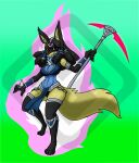  anthro black_body black_hair blue_body blue_fur clothed clothing diamond_grenadier energy_weapon female fur hair hi_res holding_object holding_weapon lucario melee_weapon nintendo pok&eacute;mon pok&eacute;mon_(species) pok&eacute;morph polearm scythe shiny_pok&eacute;mon skimpy solo video_games weapon yellow_body yellow_fur 