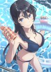  1girl armpits black_hair blue_eyes blue_nails blue_swimsuit bottle breasts cleavage hair_ornament highres innertube long_hair looking_at_viewer medium_breasts navel pool raiz_art_works sakurajima_mai seishun_buta_yarou smile swimsuit 