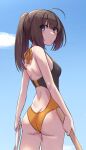  1girl ahoge akizuki_(kancolle) ass bare_arms bare_legs bare_shoulders black_hair black_swimsuit blue_eyes blush closed_mouth competition_swimsuit cowboy_shot highres kantai_collection kiritto long_hair one-piece_swimsuit ponytail solo swimsuit 