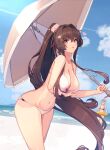  2girls alternate_costume bikini blush breasts brown_eyes brown_hair cherry_blossoms cleavage cloud floral_print flower hair_flower hair_intakes hair_ornament high_ponytail highres himeyamato holding holding_umbrella iowa_(kancolle) kantai_collection large_breasts long_hair multiple_girls navel ocean open_mouth outdoors ponytail sidelocks solo_focus swimsuit twitter_username umbrella very_long_hair yamato_(kancolle) yamato_kai_ni_(kancolle) 