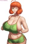  1girl :d bare_shoulders breasts collarbone covered_nipples curly_hair green_eyes highres looking_at_viewer midriff navel one_eye_closed orange_hair penny_polendina rwby shiny shiny_hair shiny_skin short_hair shorts sideboob skindentation smile solo sports_bra sportswear standing stomach superbusty thong 