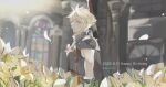  1boy ao_st13 armor belt blonde_hair blue_eyes blue_shirt blurry blurry_background buster_sword church cloud_strife earrings falling_petals final_fantasy final_fantasy_vii final_fantasy_vii_remake flower gloves hair_between_eyes happy_birthday highres indoors jewelry looking_at_viewer male_focus parted_lips petals shirt short_hair shoulder_armor single_earring sleeveless sleeveless_turtleneck solo spiked_hair suspenders turtleneck twitter_username upper_body weapon weapon_on_back window yellow_flower 