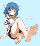  1girl animal_print bare_legs barefoot bell black_skirt blue_hair blush commentary cow_girl cow_horns cow_print cow_tail cowbell crossed_legs fang fang_out feet foot_focus greek_toe highres horns jacket jashin-chan_dropkick looking_at_viewer miniskirt neck_bell oyatsu_(mk2) pekora_(jashin-chan_dropkick) pleated_skirt red_eyes shirt short_hair simple_background skirt smile soles solo t-shirt tail toenails toes white_shirt white_tail 