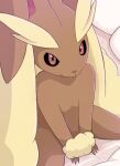  ambiguous_gender anthro bed black_sclera brown_body eyebrows fur furniture hi_res long_ears lopunny nintendo on_bed pillow pok&eacute;mon pok&eacute;mon_(species) red_eyes rumine solo tan_body tan_eyebrows tan_fur thick_eyebrows video_games wrist_fluff 