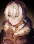  1boy absurdres bangs brown_background brown_gloves cloak closed_mouth eyelashes fumetsu_no_anata_e fur_trim fushi gloves green_eyes hair_between_eyes highres looking_away looking_down male_focus marchsan ponytail portrait rope short_hair snowing solo white_hair 