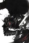  1boy 7enn armor attack berserk berserker_armor cape dragonslayer_(sword) floating_cape full_armor gauntlets glowing guts_(berserk) helmet highres holding holding_sword holding_weapon male_focus monochrome red_eyes simple_background solo spot_color sword upper_body weapon 