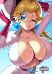  1girl absurdres blonde_hair blue_eyes breasts collarbone gloves highres instagram_username large_breasts long_hair looking_at_viewer patreon_username pink_gloves pixiv_username ponytail princess_peach sasa_tseng signature solo super_smash_bros. twitter_username upper_body 