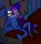  bender_bending_rodr&iacute;guez bottle breasts clothing comedy_central cyclops dress duo female futurama hair humanoid inside lips machine male male/female missuspatches on_ground purple_hair robot turanga_leela 