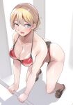  1girl ayakumo bikini blonde_hair blue_eyes blush breasts cleavage collarbone darjeeling_(girls_und_panzer) full_body girls_und_panzer hair_bun highres large_breasts leaning_forward looking_to_the_side open_mouth raised_eyebrows red_bikini shoes solo swimsuit thighs weightlifting 