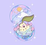  +_+ afloat artist_name blush_stickers capsule chikorita commentary leaphere looking_at_viewer no_humans one_eye_closed pokemon pokemon_(creature) purple_background purple_eyes solo sparkle star_(symbol) water watermark 