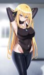  1girl absurdres alternate_hairstyle armpits arms_up bangs black_leotard blonde_hair blue_eyes blurry blurry_background blush breasts cynthia_(pokemon) fur_collar grey_eyes hair_ornament hanasaka_houcha highleg highleg_leotard highres jewelry large_breasts leotard long_hair looking_at_viewer necklace parted_lips pokemon pokemon_(game) pokemon_dppt solo thighs 