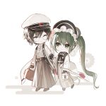  1boy 1girl ^_^ absurdres bag bangs black_footwear black_gloves black_hair black_headwear bonnet brown_footwear brown_hakama chibi closed_eyes closed_mouth egasumi eyebrows_hidden_by_hair floral_background glasses gloves green_eyes green_hair hair_between_eyes hakama hakama_skirt hat hatsune_miku highres holding holding_bag holding_hands japanese_clothes kaito_(vocaloid) kazenemuri kimono long_hair long_sleeves open_clothes peaked_cap rei_no_sakura_shirayuki_(module) round_eyewear shirt shoes skirt smile striped striped_kimono twintails vertical-striped_kimono vertical_stripes very_long_hair vocaloid white_background white_headwear white_shirt wide_sleeves 