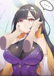  ... 1girl :t animal_ears baekto_(last_origin) bangs black_hair blonde_hair blunt_bangs breasts bright_pupils cleavage detached_sleeves expressionless hands_on_another&#039;s_cheeks hands_on_another&#039;s_face highres large_breasts last_origin looking_at_viewer multicolored_hair purple_shirt rabbit_ears red_eyes rlrlrlfl1 shirt sleeveless sleeveless_shirt solo spoken_ellipsis two-tone_hair upper_body 