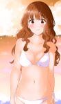  1girl 216_zig absurdres bikini blurry blurry_background blush breasts brown_hair cleavage collarbone highres idolmaster idolmaster_cinderella_girls long_hair looking_at_viewer medium_breasts moroboshi_kirari navel outdoors parted_lips side-tie_bikini smile solo sunset swimsuit wavy_hair white_bikini 