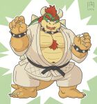  2022 anthro belly bottomwear bowser clothing goyemon_k hi_res humanoid_hands keikogi kemono koopa male mario_bros martial_arts_uniform navel nintendo overweight overweight_male pants scalie solo sportswear video_games 