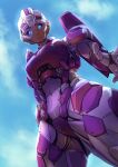  1girl absurdres alien arcee blue_eyes breasts colored_skin highres humanoid_robot looking_at_viewer looking_down mecha_musume medium_breasts navel oberon826 panties pink_panties pink_skin robot solo thick_thighs thighs transformers underwear 