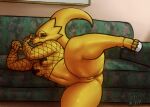  2022 4_fingers 4_toes alphys anthro bodily_fluids bottomless breasts clothed clothing eyebrows feet female fingers fishnet fishnet_clothing fishnet_topwear footwear furniture genitals high_heels inside lizard narrowed_eyes nipple_tape non-mammal_breasts pasties pussy raised_leg reptile scalie signature sligarthetiger sofa solo spread_legs spreading sweat tape thick_thighs toes topwear undertale_(series) yellow_body 