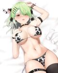  1girl :o absurdres alternate_costume animal_ears animal_print antlers arm_strap bikini black_choker black_nails black_thighhighs bottle branch breasts ceres_fauna chain choker cow_ears cow_print ear_piercing earrings green_hair grey_hair highres hololive hololive_english jewelry large_breasts leaf looking_at_viewer lying milk_bottle multicolored_hair namiorii navel on_back piercing single_thighhigh skindentation solo stomach swimsuit thigh_strap thighhighs two-tone_hair virtual_youtuber yellow_eyes 