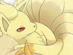  9_tails ambiguous_gender brown_sclera dipstick_tail feral fur head_on_pillow looking_at_viewer lying markings multi_tail ninetales nintendo on_front pillow pok&eacute;mon pok&eacute;mon_(species) rumine solo tail_markings tan_body tan_fur video_games white_eyes 