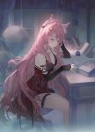  1girl absurdres animal_ears arknights black_bra book bra breasts desk elbow_gloves feet_out_of_frame gloves hair_ornament head_rest highres inkwell long_hair pink_hair pozyomka_(arknights) quill red_skirt sitting skirt small_breasts solo tail thigh_strap underwear very_long_hair wimi wolf_ears wolf_girl wolf_tail 