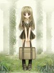  1girl aikawa_touma archived_source bag black_socks blonde_hair bow bowtie brown_eyes brown_footwear column fog grass hair_intakes holding holding_bag ivy loafers long_hair looking_at_viewer original outdoors pillar plant ruins school_bag school_uniform shoes skirt smile socks solo vest vines 