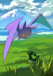  absurdres cloud colored_sclera crobat day grass highres mountain no_humans outdoors pokemon pokemon_(creature) red_eyes sky teeth two_pokemon umbreon yellow_sclera 