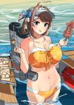  1girl :q bangs bikini blue_eyes blush bracelet breasts brown_hair chougei_(kancolle) cleavage commentary_request enemy_lifebuoy_(kancolle) food hair_ornament hair_rings hat highres holding holding_food huge_breasts jewelry kantai_collection looking_at_viewer orange_bikini osananajimi_neko outdoors rigging solo standing sunglasses swimsuit takoyaki tongue tongue_out unfinished visor_cap wading water 