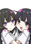  2girls :/ :d absurdres bangs black_hair blue_eyes blunt_bangs blush cheek-to-cheek closed_mouth collared_shirt commentary_request daua_history from_side grey_eyes hair_between_eyes heads_together heart highres hug kagura_hikari long_hair looking_at_viewer looking_to_the_side multiple_girls mutual_hug open_mouth shirt short_sleeves shoujo_kageki_revue_starlight simple_background smile tsuyuzaki_mahiru upper_body white_background white_shirt yuri 