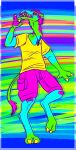  abstract_background anthro blue_body blue_fur bottomwear camel camelid clothing front_view fur green_body green_fur green_tail hi_res horizontal_pupils imperatorcaesar male mammal marco_(imperatorcaesar) neck_tuft pink_bottomwear pink_clothing pink_shorts pink_tail_tuft pupils shirt shorts signature solo t-shirt topwear tuft yellow_clothing yellow_shirt yellow_t-shirt yellow_teeth yellow_topwear 