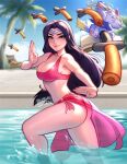  1girl animal artist_name bikini blushyspicy book breasts cat commentary highres irelia large_breasts league_of_legends long_hair looking_at_viewer open_book pink_bikini pool smile swimsuit water yuumi_(league_of_legends) 