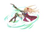  1girl :d absurdres arisa_(shadowverse) arrow_(projectile) blonde_hair blue_shirt boots bow_(weapon) cape elf full_body green_eyes hair_between_eyes hair_ribbon hair_tie hairband highres holding holding_arrow knee_boots long_hair minhongchen open_mouth pointy_ears red_cape ribbon shadowverse shirt skirt sleeveless sleeveless_shirt smile solo thigh_boots thighhighs weapon white_background 