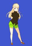  1girl blonde_hair blue_background closed_mouth dated full_body highres long_hair looking_at_viewer mota original shorts simple_background smile solo 