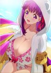  1girl animal_hood bear_hood bikini breasts claw_(weapon) claws cleavage cloud cloudy_sky fate/extra fate/extra_ccc fate/grand_order fate_(series) gigantic_breasts hair_ribbon hat highres hood hood_up huge_breasts looking_at_viewer passionlip_(fate) pink_eyes purple_hair ribbon sky smile solo sun_hat swimsuit weapon wisterian4u 
