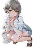  1girl bare_legs blush earrings full_body grey_hair hair_bun jewelry looking_at_viewer ne-on original own_hands_together sandals shirt simple_background single_side_bun smile solo squatting tied_sleeves tote_bag white_background white_shirt 