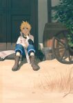  1boy black_shirt blue_eyes blue_shorts boots brown_footwear bucket cloud_strife door final_fantasy final_fantasy_vii final_fantasy_vii_remake full_body grass hand_to_own_mouth highres ho_fan house layered_shirt looking_up low_ponytail male_child male_focus newspaper outdoors shirt short_hair_with_long_locks shorts sitting solo spiked_hair wheel white_shirt younger 