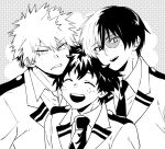  3boys bakugou_katsuki blazer boku_no_hero_academia burn_scar clenched_teeth closed_eyes collared_shirt freckles greyscale hair_between_eyes high_contrast jacket laughing looking_at_viewer male_focus midoriya_izuku monochrome muiko_i multicolored_hair multiple_boys necktie open_mouth scar scar_across_eye school_uniform shirt short_hair spiked_hair teeth todoroki_shouto two-tone_hair u.a._school_uniform upper_body upper_teeth 