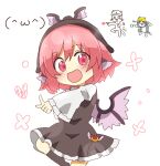  1girl 2others animal_ears bird_ears bird_wings blush brown_dress brown_headwear brown_socks dress emoticon frilled_sleeves frills futaba_channel genba_neko hair_between_eyes heart highres kneehighs long_sleeves multiple_others mystia_lorelei open_mouth pink_eyes pink_hair reference_inset short_hair simple_background smile socks totoharu_(kujirai_minato) touhou white_background white_wings wide_sleeves winged_hat wings 