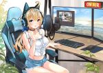  1girl :d ahoge aqua_eyes black_choker blonde_hair breasts chair choker collarbone commentary_request commission computer crop_top denim denim_shorts desk fingernails gaming_chair headphones highres indoors koji_(kojikojimdw) long_hair medium_breasts microphone midriff monitor mouse_(computer) mousepad_(object) multiple_monitors navel orange_nails original pixiv_request plant potted_plant recursion shirt short_shorts shorts signature sitting sleeveless sleeveless_shirt smile 