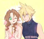  1boy 1girl aerith_gainsborough artist_name bangs bare_arms blonde_hair blue_eyes blue_shirt blush braid braided_ponytail breasts cheek_poking choker cleavage cloud_strife dated dress earrings final_fantasy final_fantasy_vii final_fantasy_vii_remake flower_choker green_eyes hair_between_eyes hair_ribbon jewelry krudears looking_at_another medium_breasts one_eye_closed parted_bangs pink_dress pink_ribbon poking ribbon shirt short_hair sidelocks single_earring sleeveless sleeveless_turtleneck spiked_hair sweatdrop turtleneck twitter_username wavy_hair wavy_mouth web_address yellow_background 