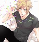  1boy black_pants blonde_hair blue_eyes blush cloud_strife collarbone confetti final_fantasy final_fantasy_vii final_fantasy_vii_advent_children gogochi55 hand_up happy_birthday male_focus open_mouth pants pillow shirt sitting solo spiked_hair surprised t-shirt twitter_username 
