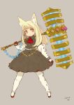  1girl animal_ears belt blonde_hair closed_mouth dated dress full_body gloves hammer highres jewelry long_hair looking_at_viewer mota original simple_background skirt solo weapon 