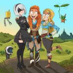  2017 3girls aloy_(horizon) artist_request belt black_dress blindfold blonde_hair blue_shirt crossover day dress flying freckles grass grey_pants horizon_zero_dawn korok leaf long_hair looking_at_viewer mole mole_under_mouth multiple_crossover multiple_girls nier_(series) nier_automata orange_hair outdoors pants pelt pod_(nier_automata) princess_zelda shirt smile standing standing_on_one_leg the_legend_of_zelda the_legend_of_zelda:_breath_of_the_wild thighhighs year_connection yorha_no._2_type_b 